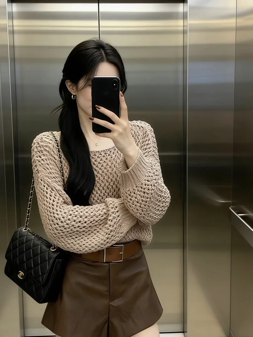 

Unique Design Knitted Top And orts Set Hollow out Lazy Sle Faionable Autumn Work Commute High Waist ort Pants