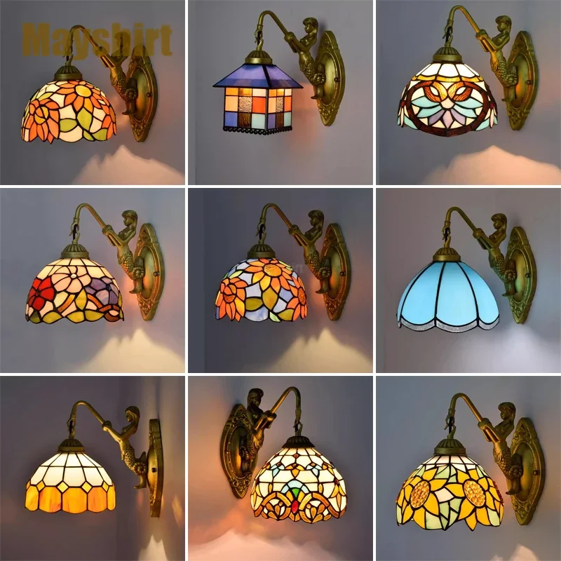 Tiffany Wall Lamp Vintage Mediterranean Baroque Stained Glass Wall Lights for Home Decor Bedroom Bedside Lighting Retro Sconce
