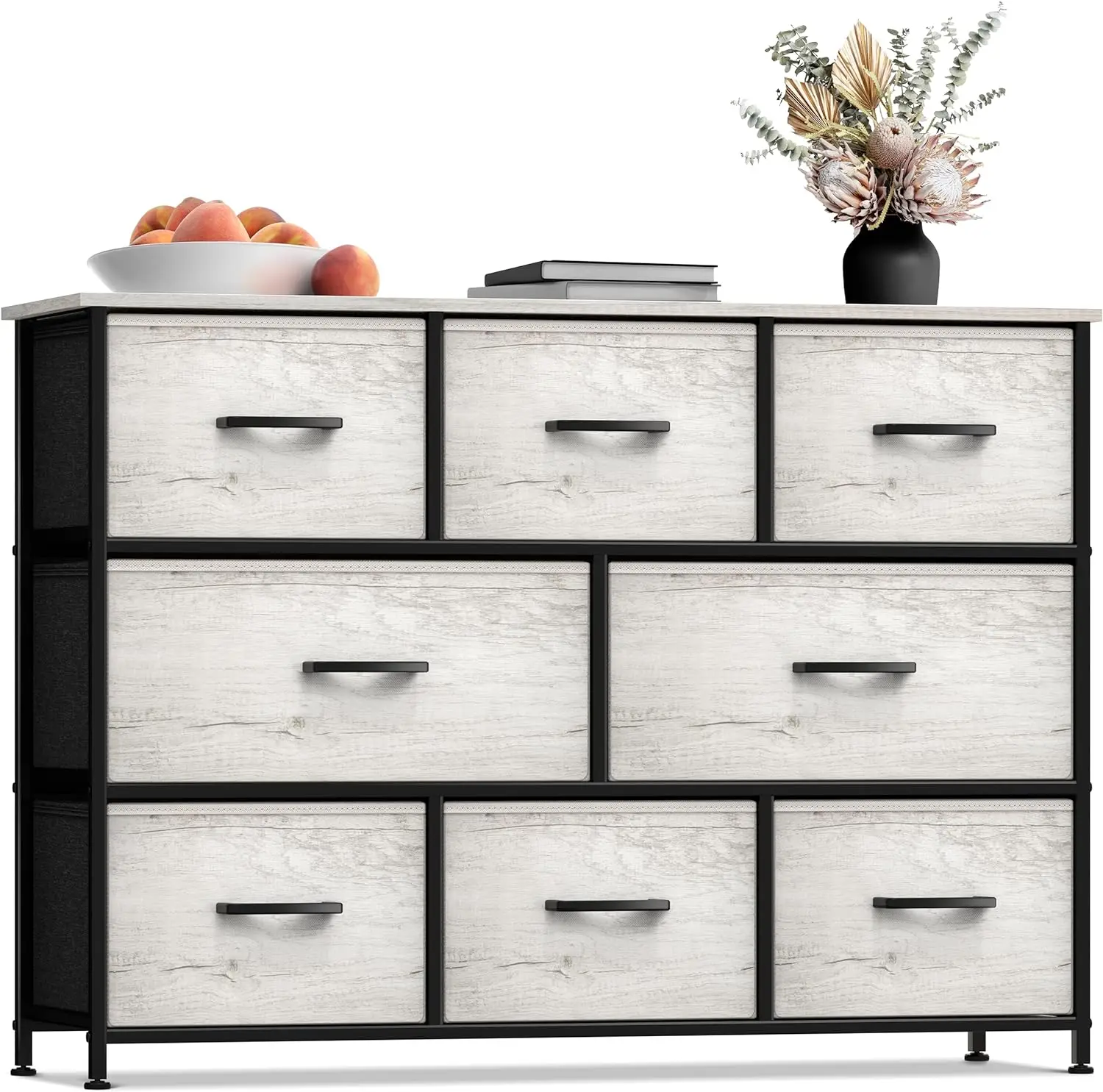 

Dresser with 8 Faux Wood Drawers - Chest Organizer Unit with Steel Frame Wood Top & Handle Easy Pull Fabric Bins for Clothes