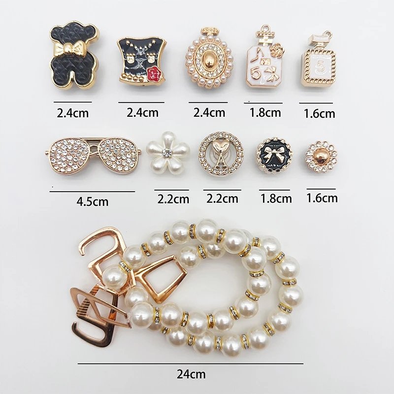 2024 New Fashion Set Hole Shoe Charms Accessories Shoe Buckle Cute Pearl Glasses Water Diamond Chain DIY 3D Shoes Decorations