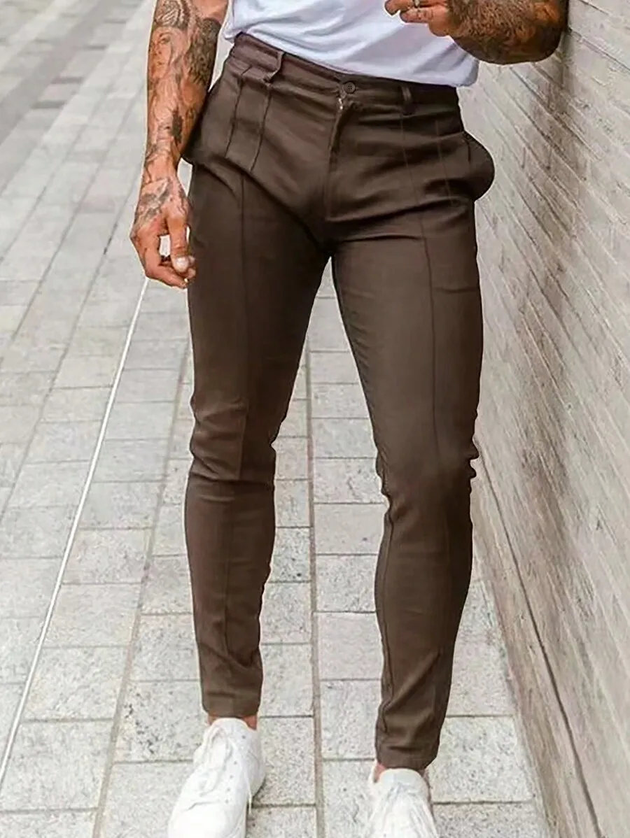 

Solid Color Slim Fit Casual Trousers with Elastic Waist and Zip Pockets