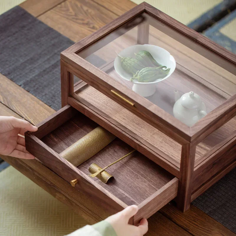 Black walnut solid wood glass Dresser transparent Ring box Cabinet shoe Tea table Wooden jewelry Storage dustproof Simplicity