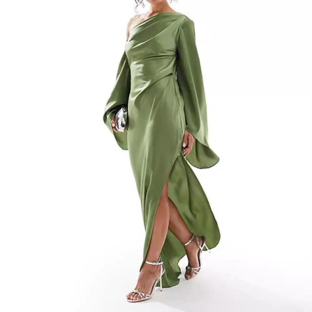 

Sloping Collar Off-shoulder Slim-fit Slit Dress Spring Summer New Fashion Pleated Solid Color Long Dress Ropa Mujer Vestidos