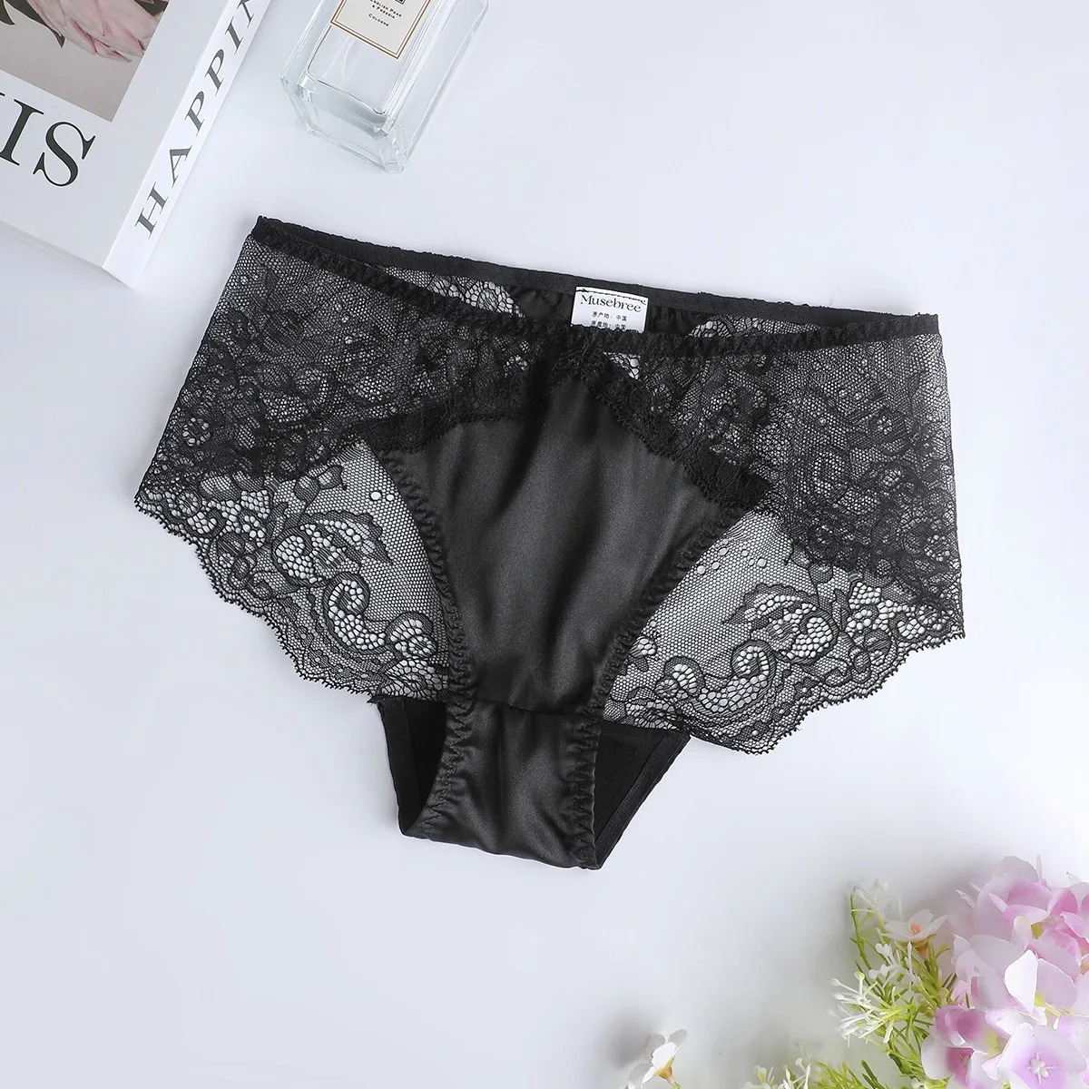 1PCS Women's 100% Mulberry Silk Seamless Panties Ladies French Style Lace Patchwork Sexy Panties Breathable Women Panties