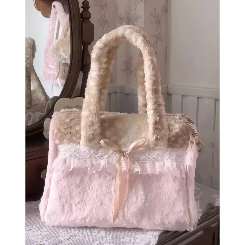 Autumn Winter Ballet Plush Bag 2026 New Sweet Versatile Bowknot Tote Large Capacity Shoulder Bag
