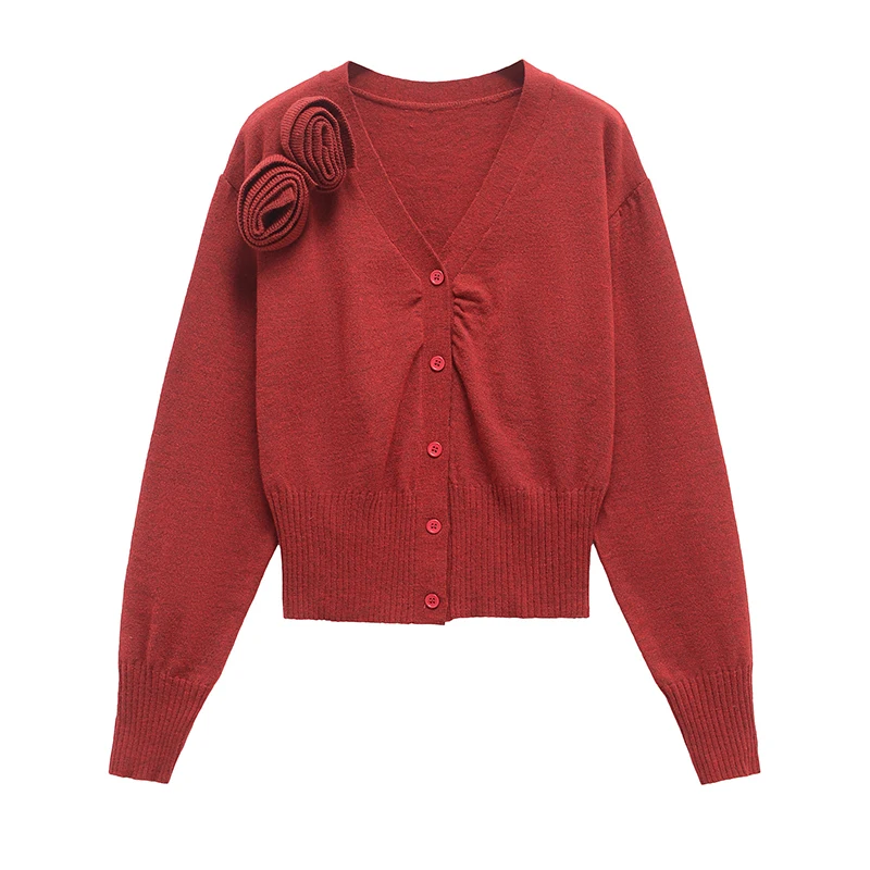 YENKYE Spring 2025 Women Red Floral Knit Cardigan Long Sleeve V Neck Single Breasted Crop Sweater Coat