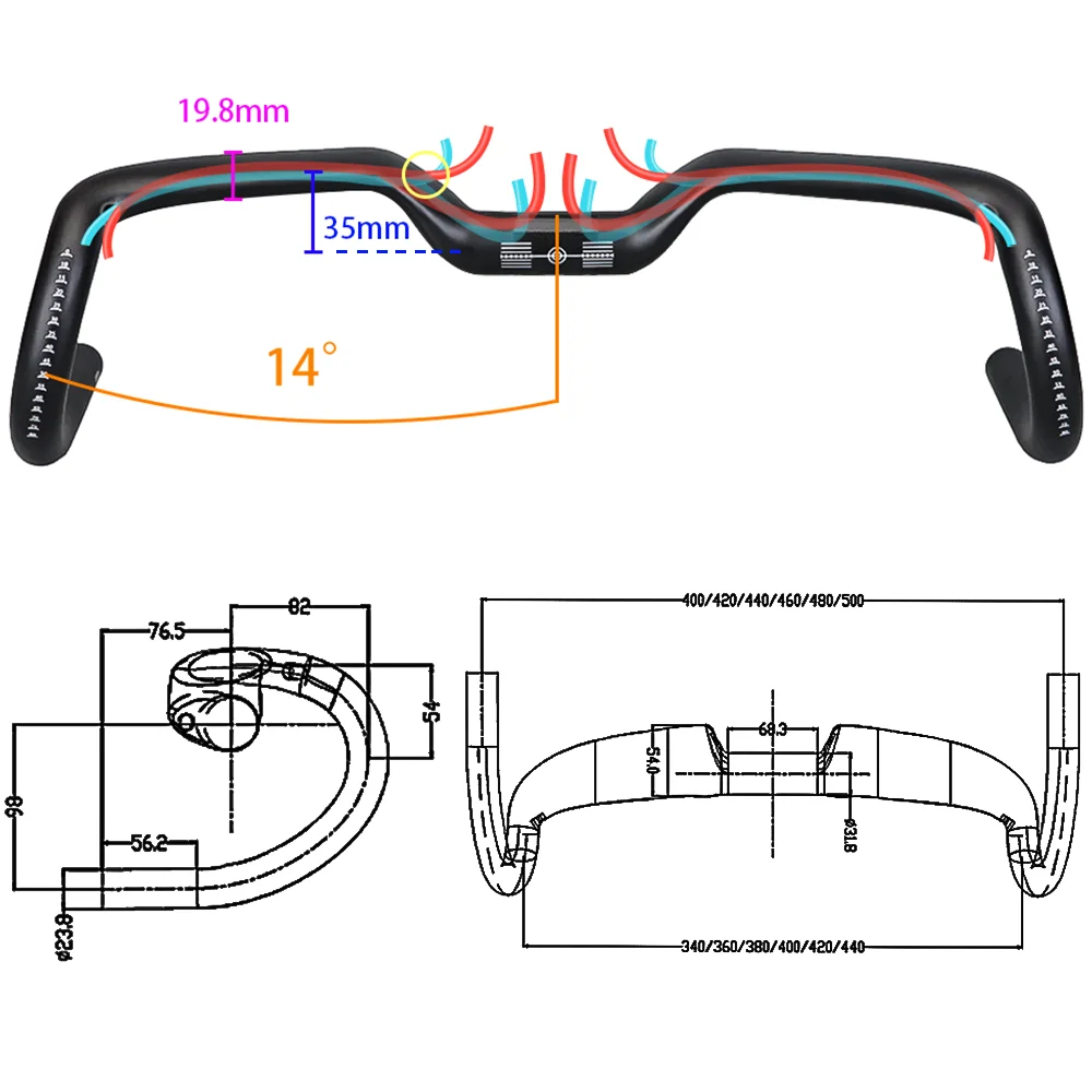 

BALUGOE 2024 Gravel Carbon Fiber Mountain Bike Handle Drop Lift Road Bike Handlebar Full Internal Cable Routing14° 31.8mm Part