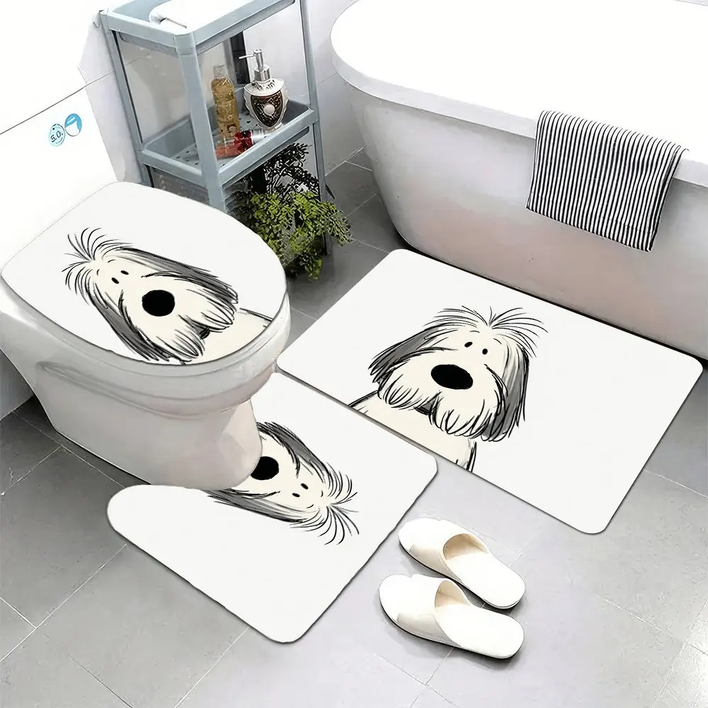 

Set of 3 Ultra-Soft Bathroom Floor Mats with Non-Slip Backing, Featuring a Easy Cartoon Illustration of an Old English Sheepdog