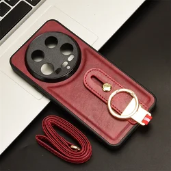 For Xiaomi 14 Ultra Luxury Leather Cover Wristband Hand Strap Kickstand Metal Ring Back Case For Xiaomi 14 Ultra Phone Cases