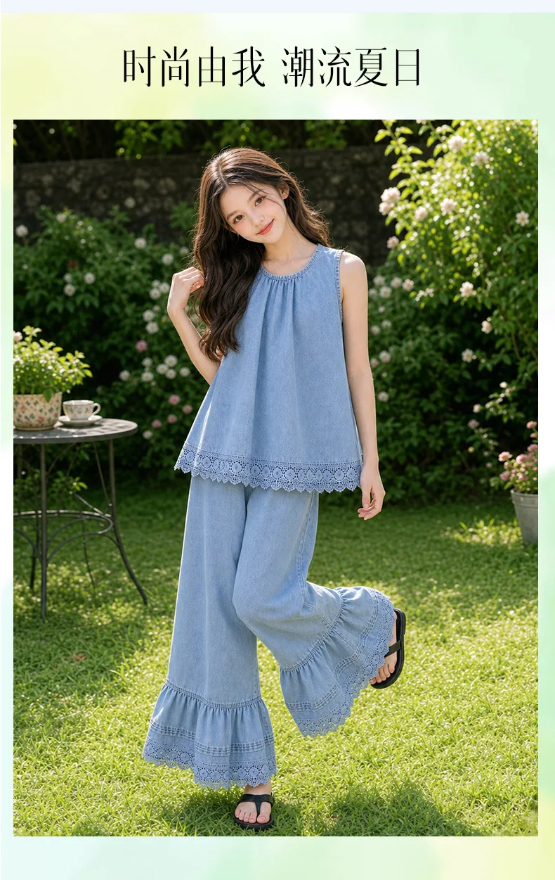 2026 New Teenage Casual Clothing Jean Suits,  Baby Girls Fashion 2 Piece Sets, Blouse + Pants     5 -12 T