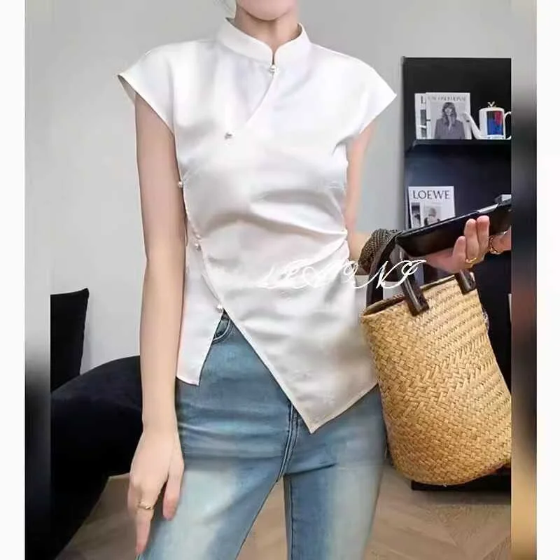 

New Chinese Sle Summer irt Women's Svel Asymmetrical Hemline Slit Front Faionable Top Korean Version Slim Fit