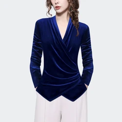 Womens Long Sleeve Blue Velvet Blouse 2024 Spring Summer New Long Sleeve V-Neck Top Elegant Slim Fashion Casual Shirts