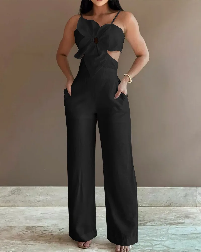 2024 Summer Fashion Jumpsuit Women Floral Pattern Shirred Hollow Out Casual Asymmetrical Neck Pocket Backless Jumpsuit