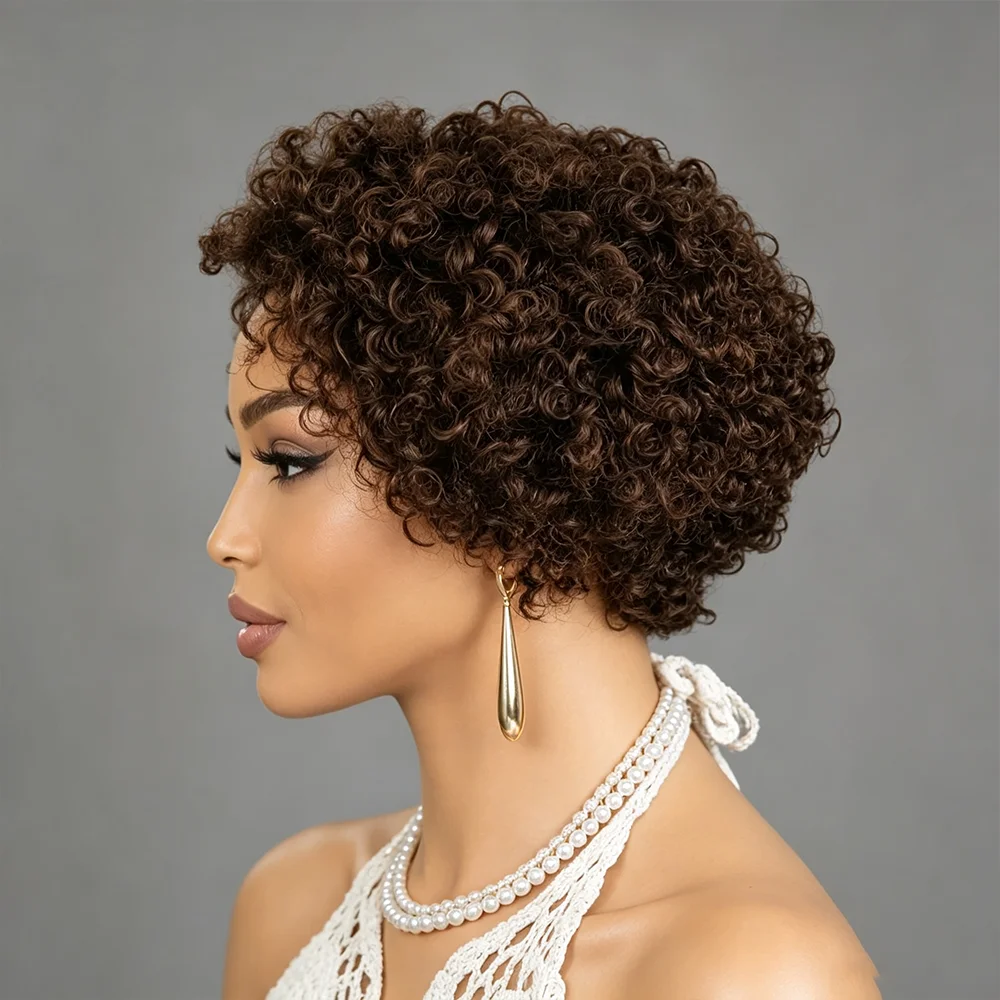 13x4x1 Lace Front Pixie Cut Wig Dark Brown Color 180% Density Brazilian Remy Human Hair Curly Style for Women