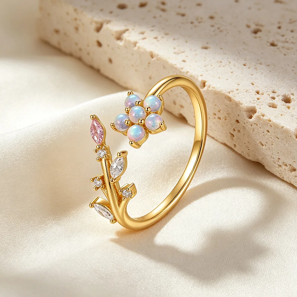 S925 Sterling Silver Flower Leaf Open Ring for Women European American Style Elegant Adjustable Index Finger Fashion Fine Jewelr