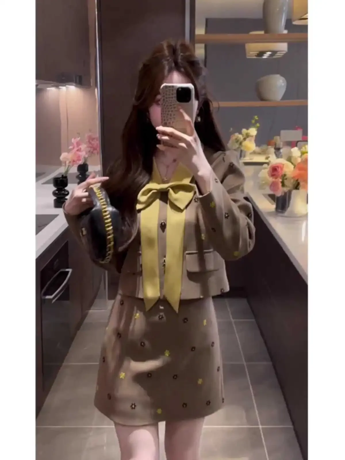 Elegant Luxury Chic Set for Women Female Office Lady, Bow Long Sleeve Blouse with Skirt Two-piece High-end Autumn Outfit Fashion