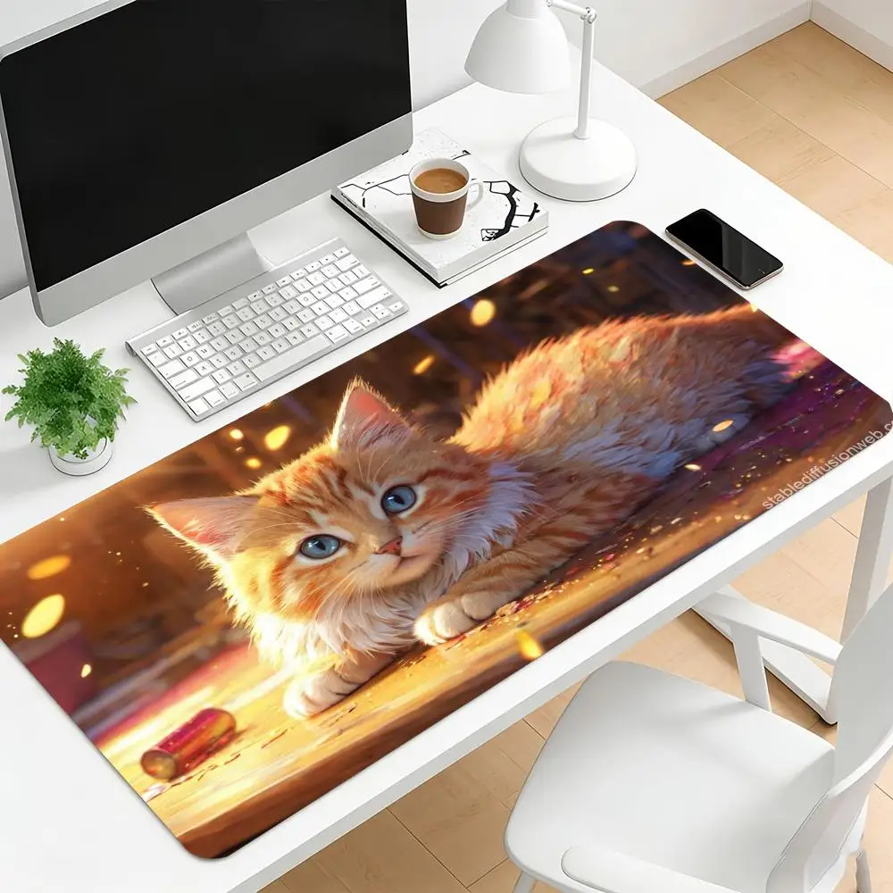 Cute Orange Kitten Extended Gaming Mouse Pad Non‑Slip Desk Surface Cozy Night Fluffy Cat Warm Glow Art Print For Gaming Setup