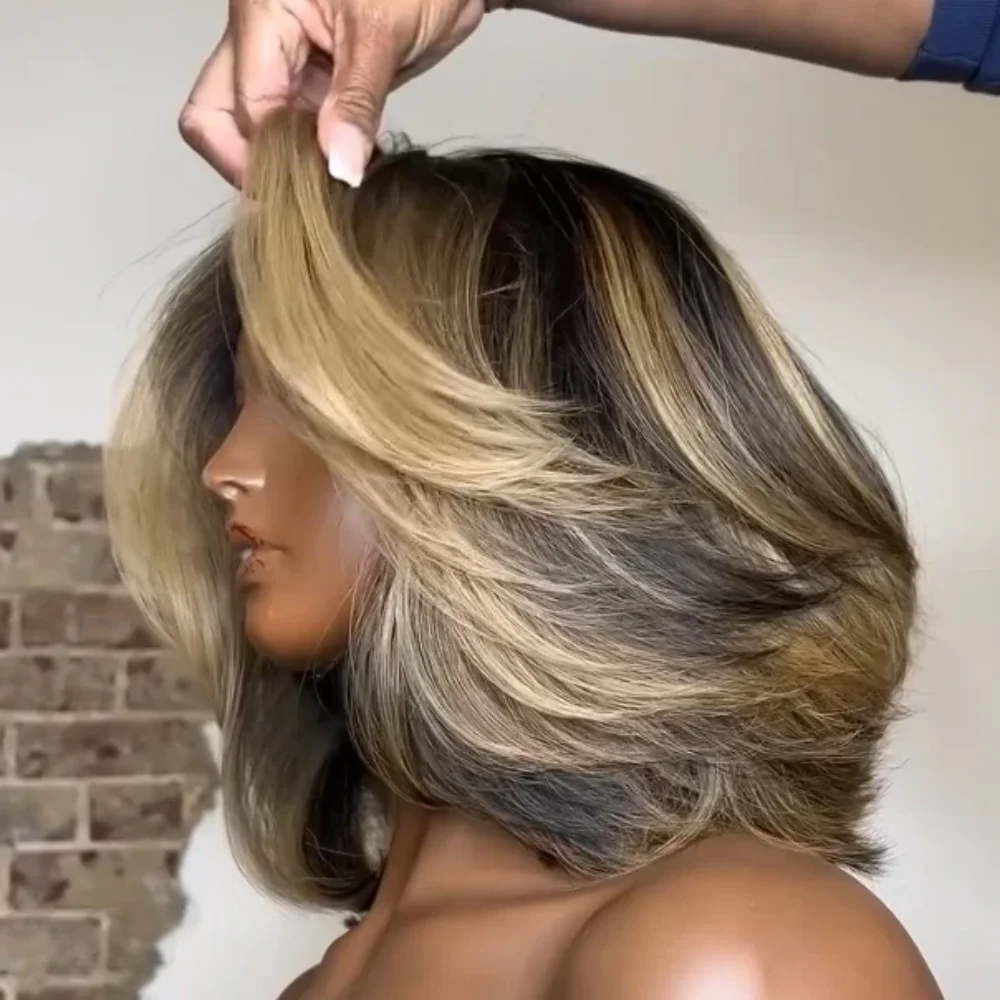 5x5 Closure Highlight Brown Blonde Human Hair Bob Wigs Balayage Short BOB 200% Density Pre Plucked Brazilian view 3