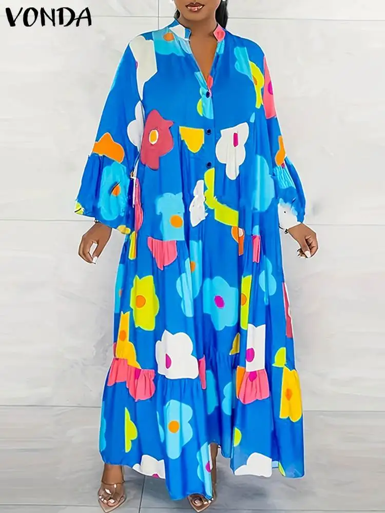 Plus Size 5XL Autumn Ruffle Maxi Dress 2024 Elegant Long Dress VONDA Round Neck Printed Flare Sleeve Vestidos Loose Robe