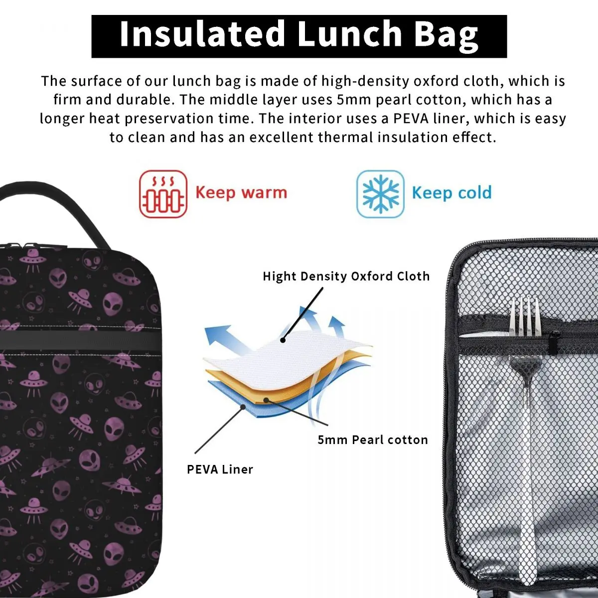 Aliens Space Star And UFOs Pattern Insulated Lunch Tote Bag for Women Portable Cooler Thermal Food Lunch Box School