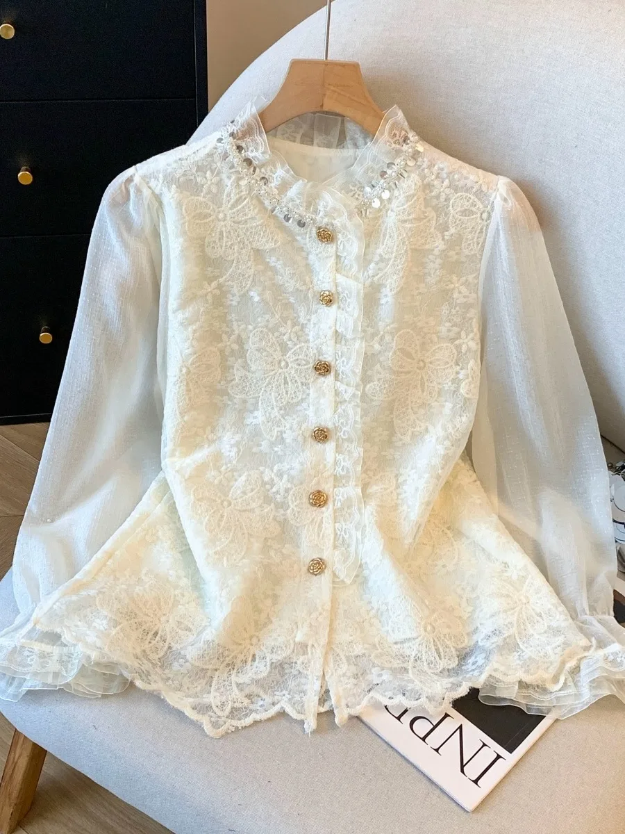 

Elegant Embroidered Lace Shirt Women's Early Spring Loose Chic Beautiful Stand Collar Long Sleeve Bell Sleeve Korean Style