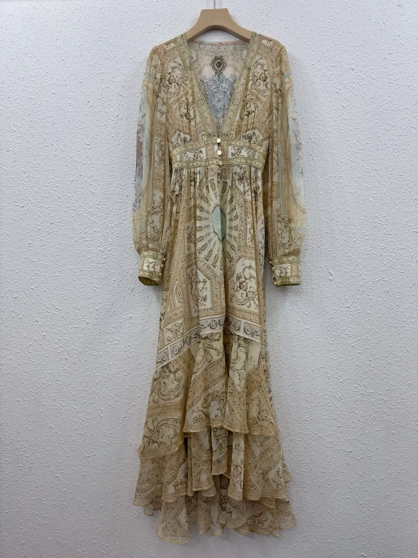 100% Real Silk Bohemian Vintage Ornate Print Chiffon Maxi Dress Long Sleeve V-Neck Tiered Flowy Dress for Women Party & Vacation