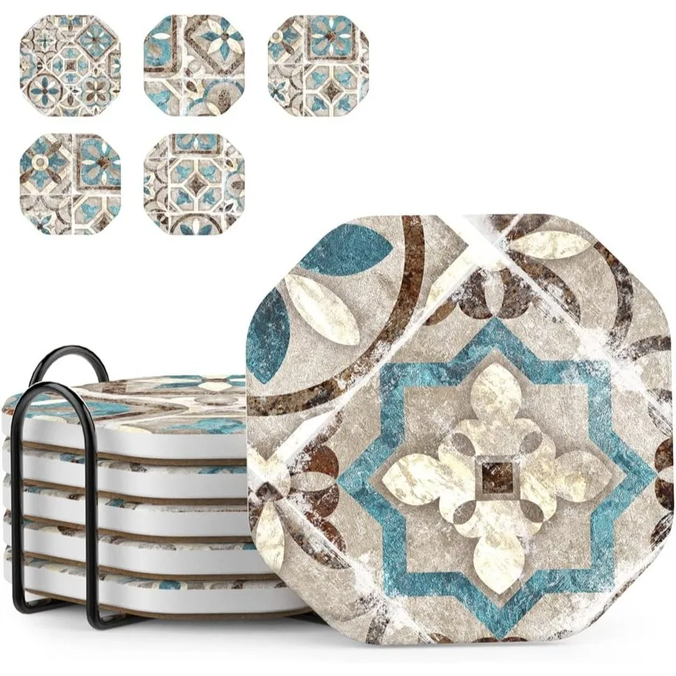 

Rustic Coasters for Coffee Table Decor, Absorbent Cup Mats with Cork Backing, Set of 6, 4 Inch