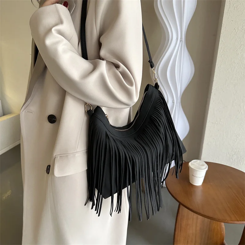 Vintage Tassels Crossbody Bags For Women, Large Capacity Casual Fringes Shoulder Bag For Outdoor Travel, Ladies Handbags