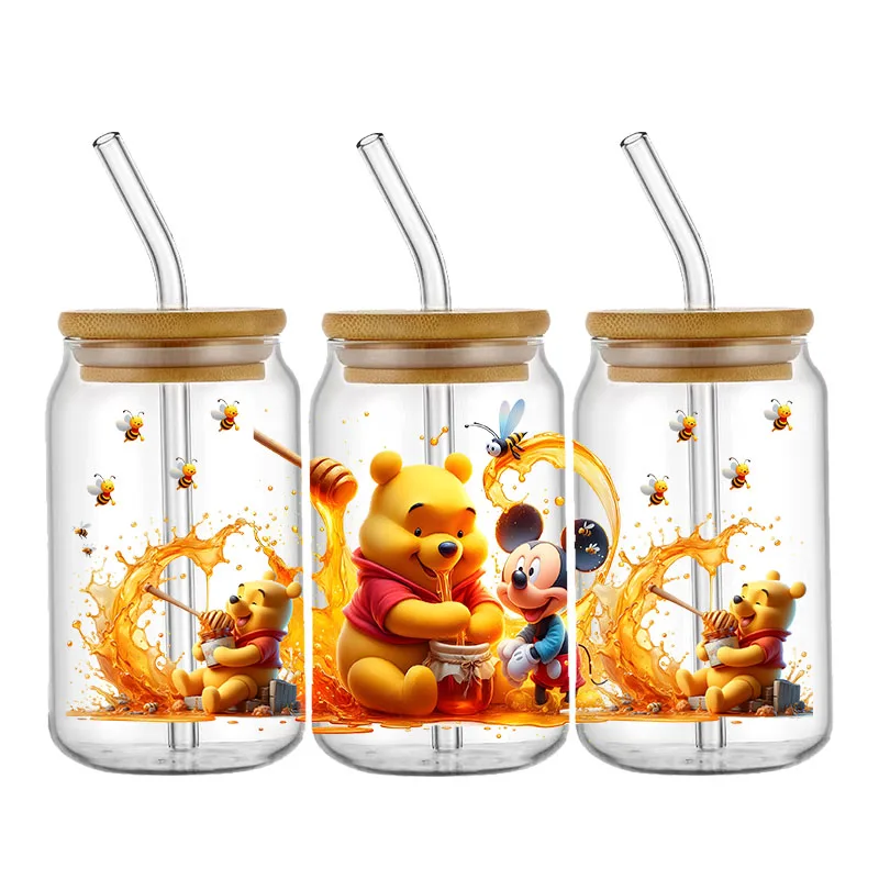 Autocollant Disney Winnie l'ourson Bourriquet miel UV DTF pour verre 16oz, étiquette de transfert standard, logo attro personnalisé, étanche, bricolage