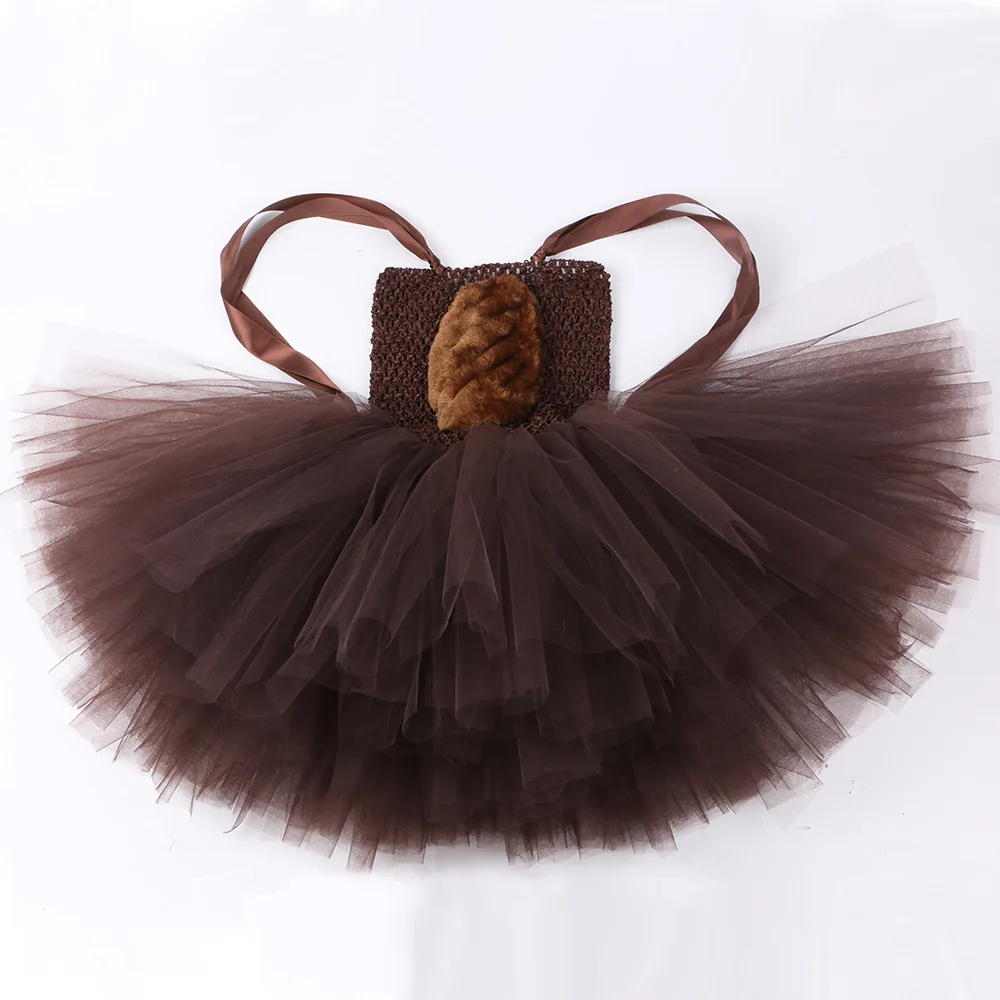 Brown Bear Mesh Tutu Dress Set Tulle Gown Halter Bow Chic Elegant Outfit Carnival Stage Festival Soft Light Headwear Included