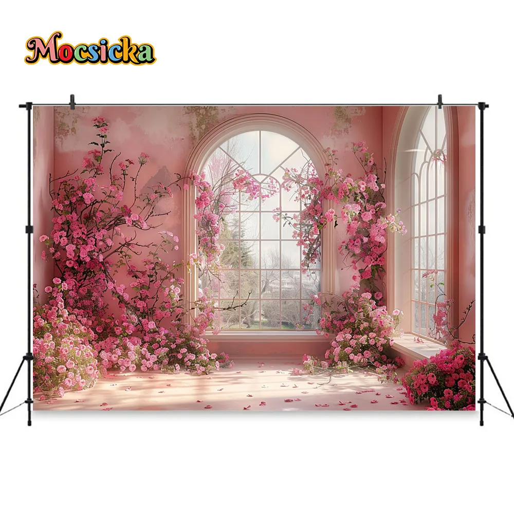 Mocsicka Photography Background Studio for Girl Woman Art Photo Backdrop Retro Arch Window Pink Floral Interior Photobooth Prop