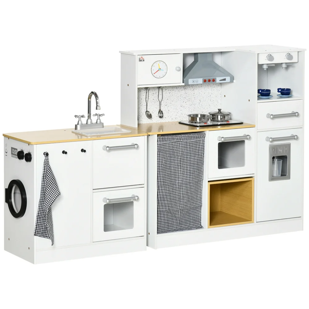 Qaba Kids Wooden Kitchen Playset with Sound Effects and Tons of Countertop Space, Wooden Corner Play Kitchen Set with Washing