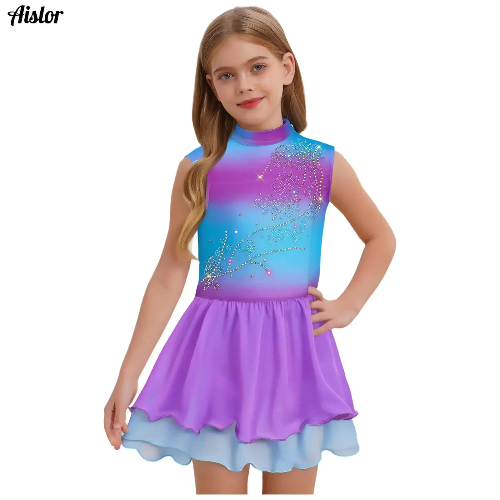 

Kids Girls Figure Skating Dance Dress Gradient Mock Neck Sleeveless Keyhole Back Sparkly Rhinestones Dress Ballet Leotard Dress