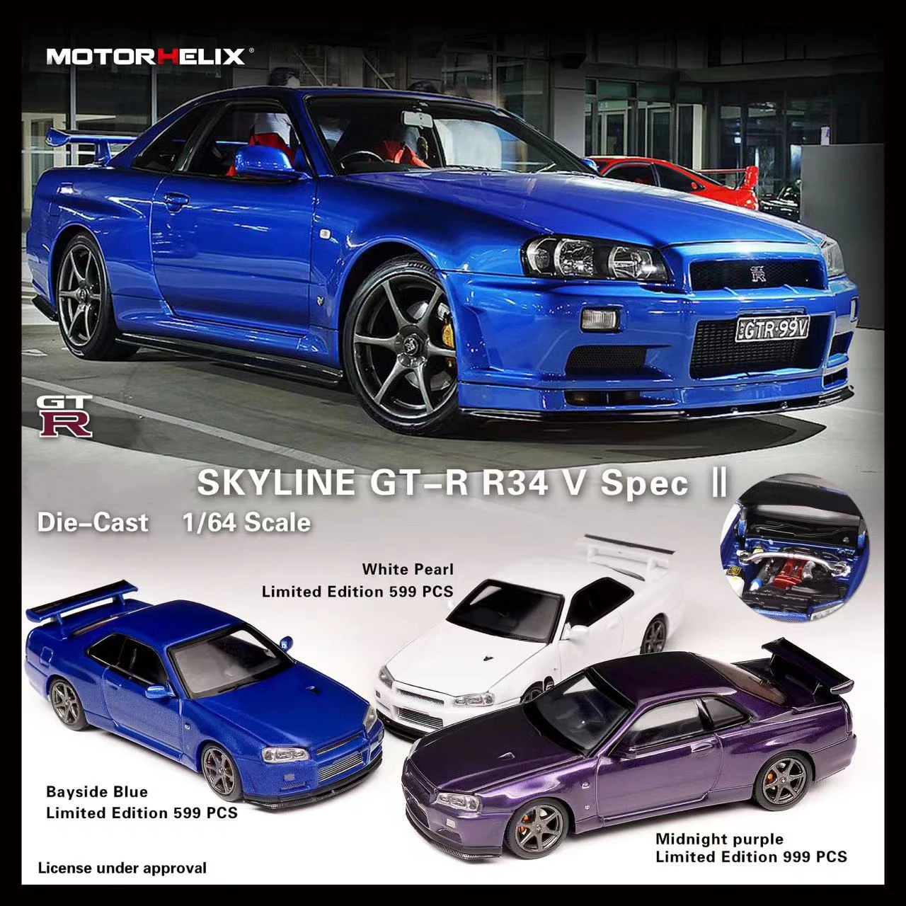 

MH In Stock 1:64 SKYLINE GTR R34 V Spec II Opened Hood Diecast Diorama Car Model Collection Miniature Carros Toys MOTORHELIX