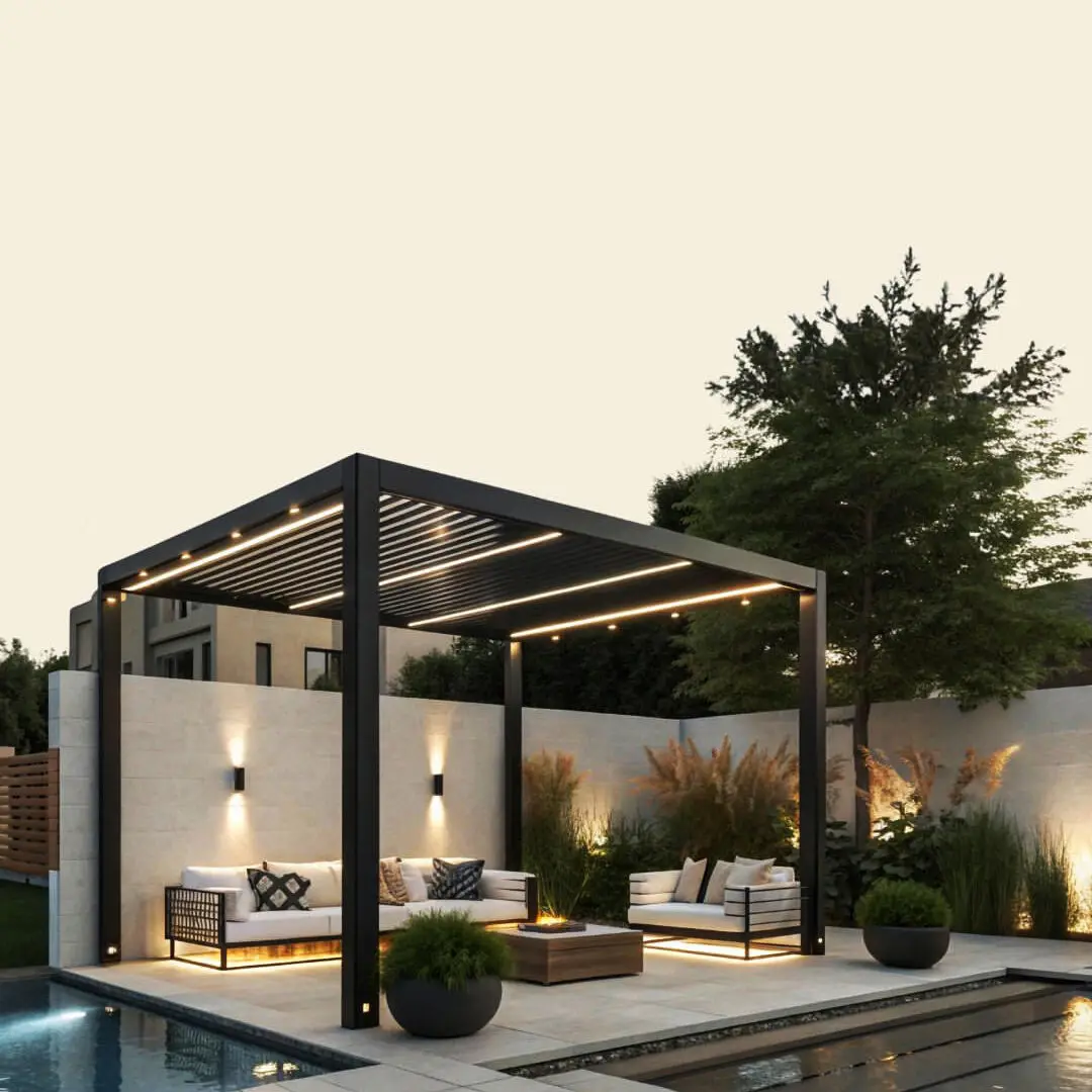 Fashionable Outdoor Powder Coated Aluminum Alloy Pavilion with LED Lights Sunshade Gazebo Easy Installation Assemble Pergola