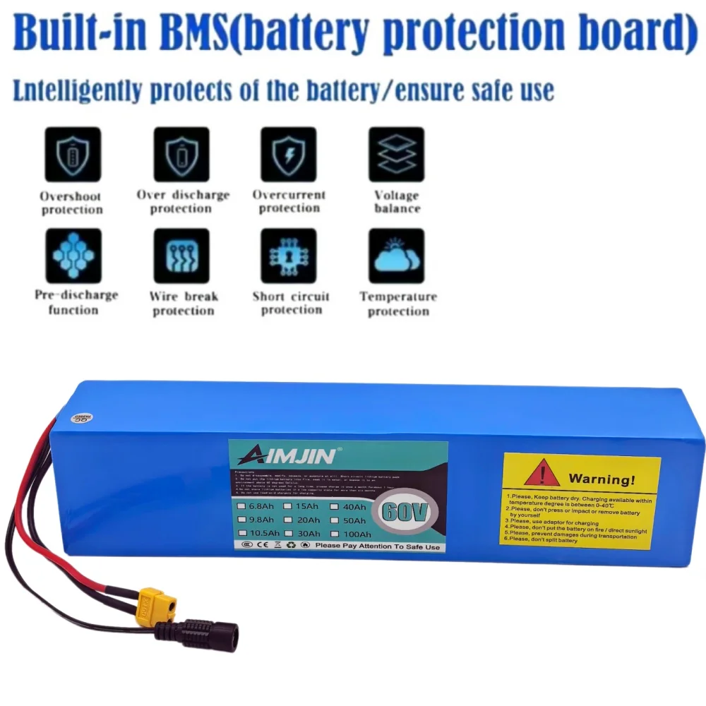 60V 6800mAh 18650 Lithium Ion Rechargeable Battery Pack 16S2P with BMS New Condition for Electric Vehicles And Power Tools