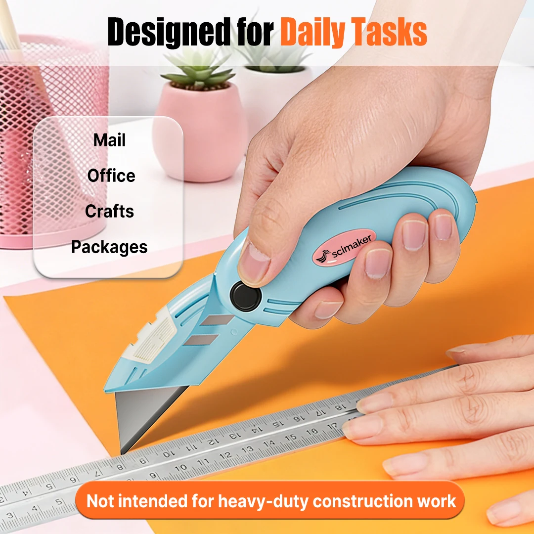 

Scimaker Folding Utility Knife for Home, Office & Crafts – Lightweight Box Cutter & Letter Opener with Safe Button Lock HKA48