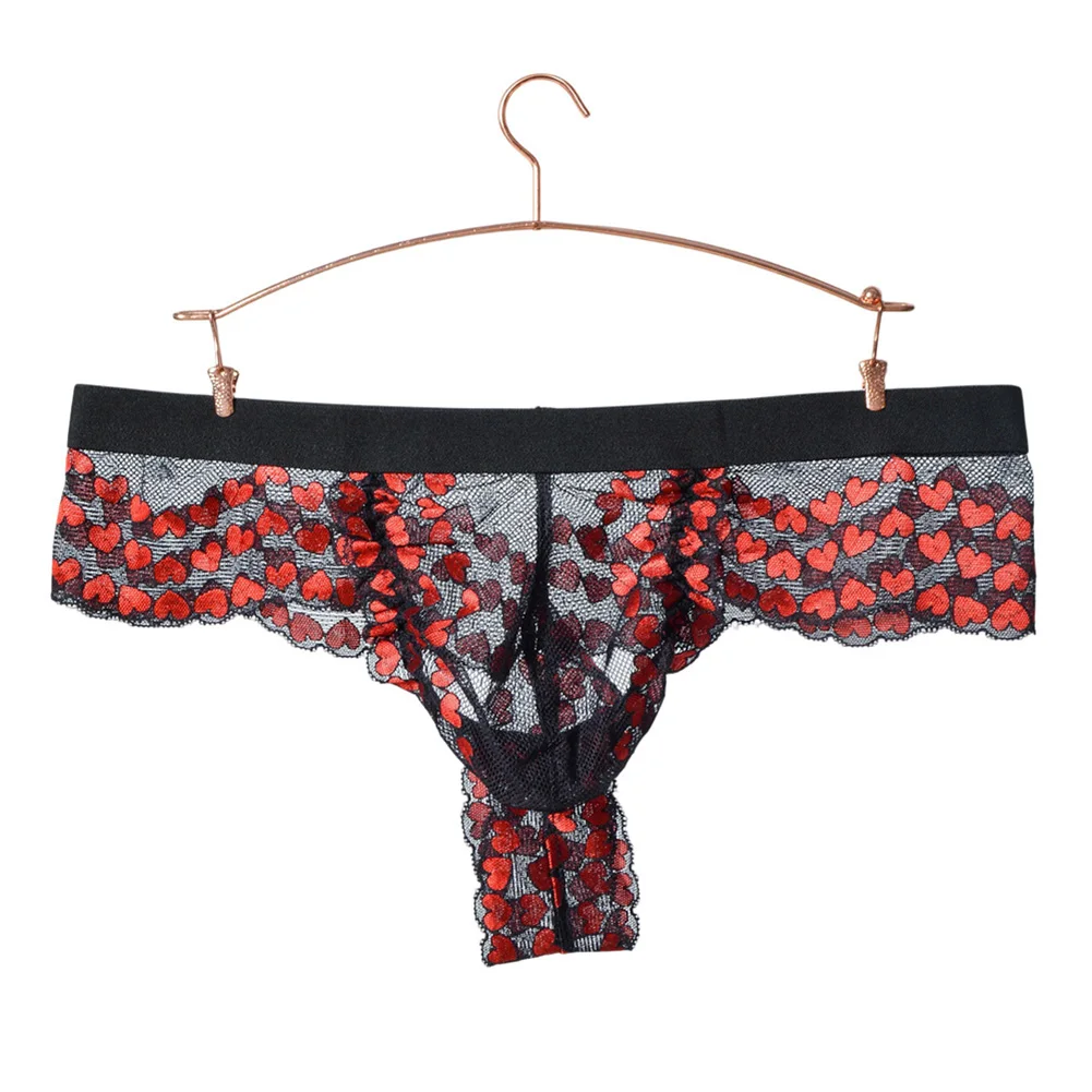 Men Heart Printed Mesh Sheer Thong Low Waist Breathable G-string Erotic Underwear For Daily Sex Party Lingerie Accessories