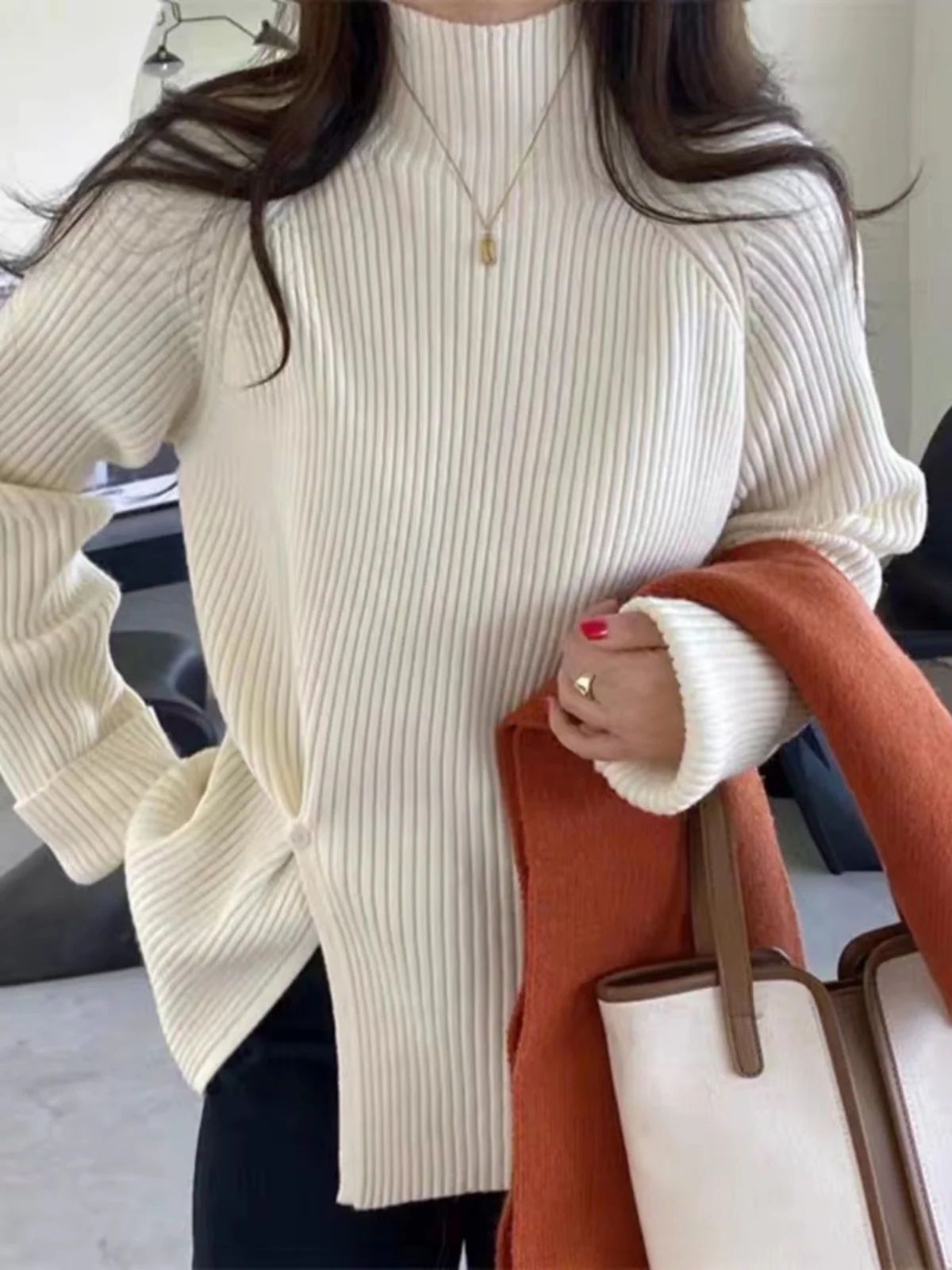 

Retro Long Sve Knitted Sweater Women's Faion Slim Fit High Collar Side Button Inner Wear Casual Commute Sle Knitwear