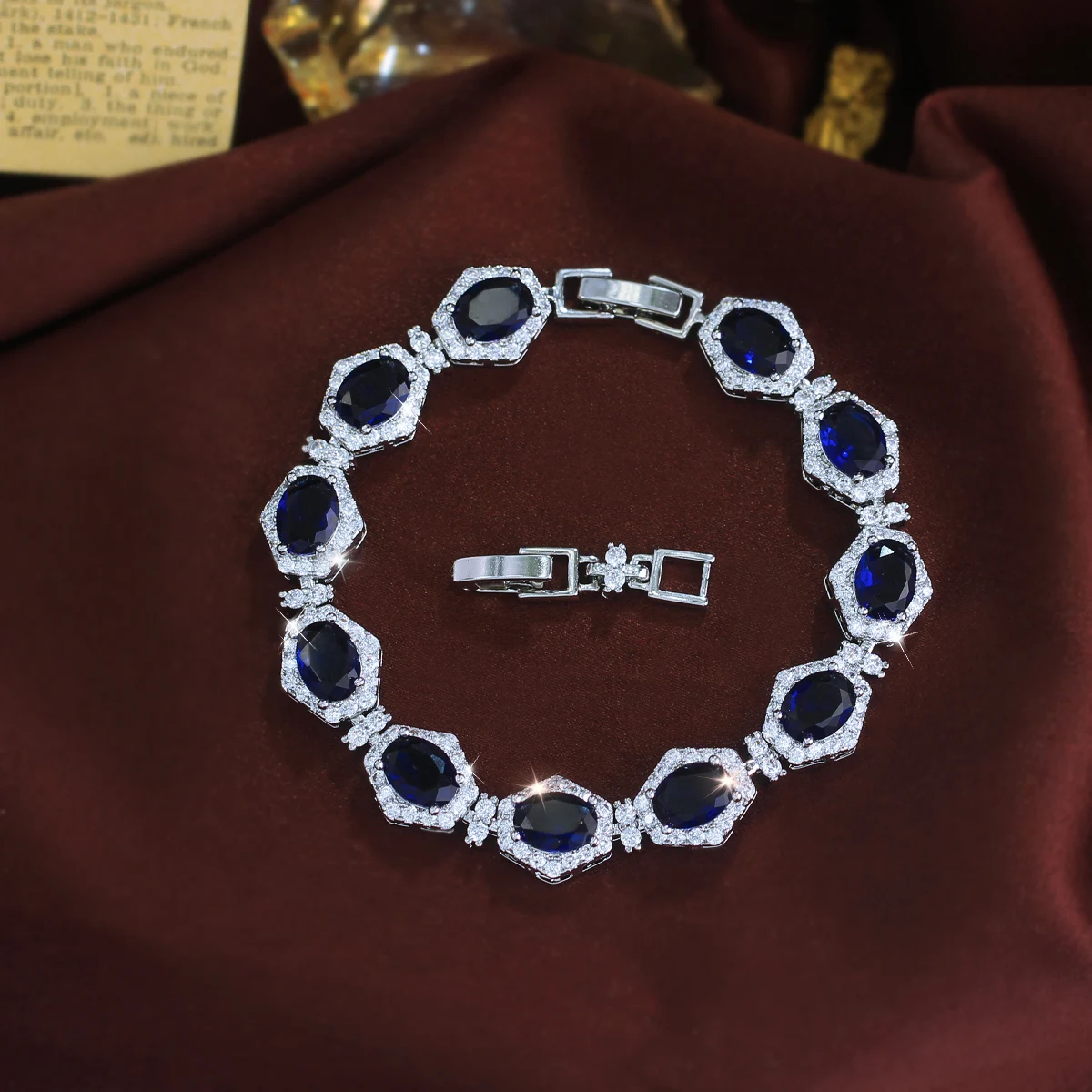 BeaQueen Geometric Shiny Dark Blue Cubic Zircon Crystal Tennis Bracelets Bangles for Women Engagement Wedding Jewelry Gift S0316