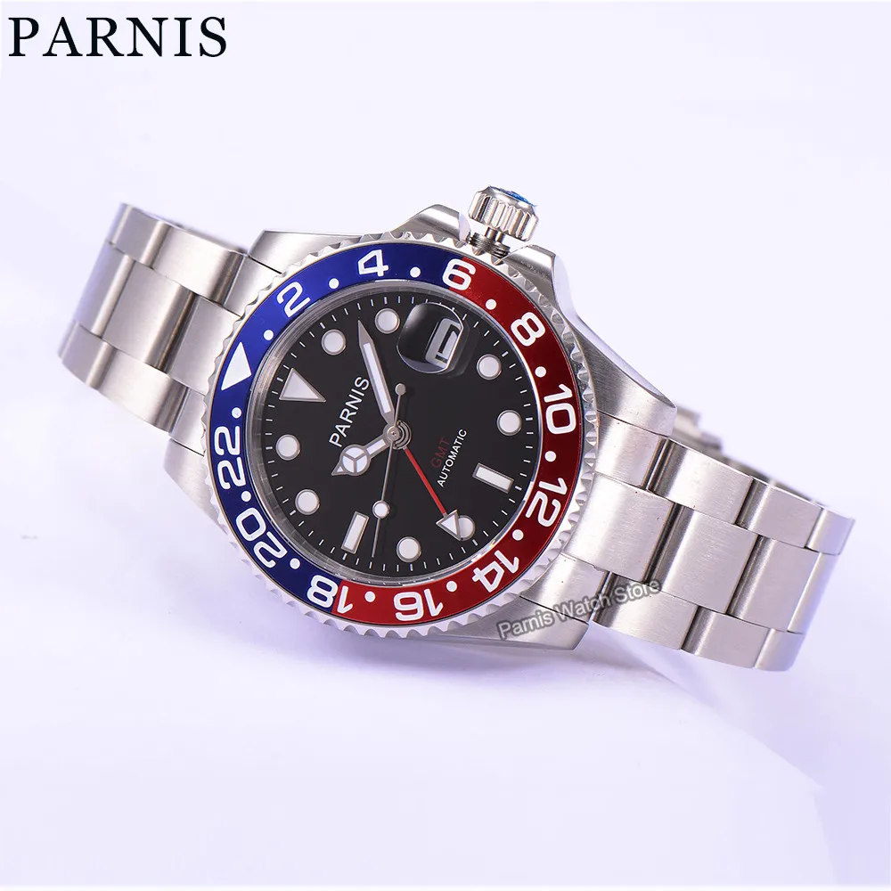

Parnis 40mm Black Dial Sapphire Glass Rotating Bezel GMT Automatic Mens Watch