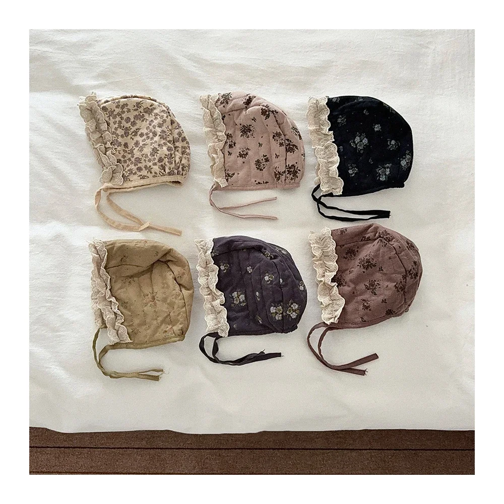 

Winter Warm Toddler Kids Hat Cute Floral Printed Lace Children's Ear Protection Hat Solid Color Baby Girls Palace Caps