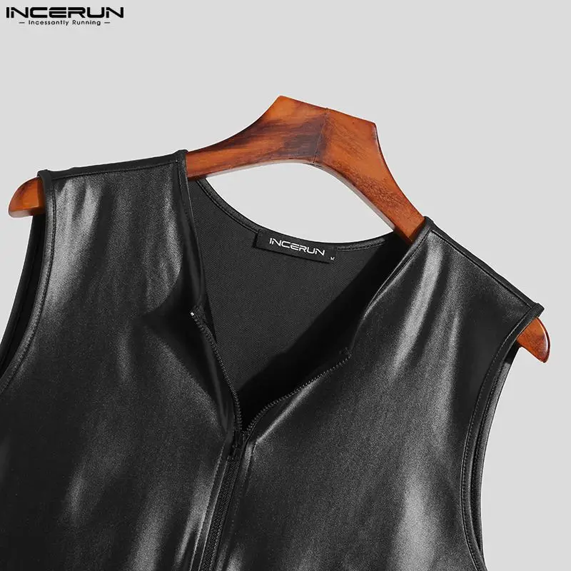 INCERUN Men Bodysuits Mesh Patchwork Sexy See Through Zipper Homewear Sleeveless Rompers Pajamas 2023 Men Bodysuits S-5XL 7