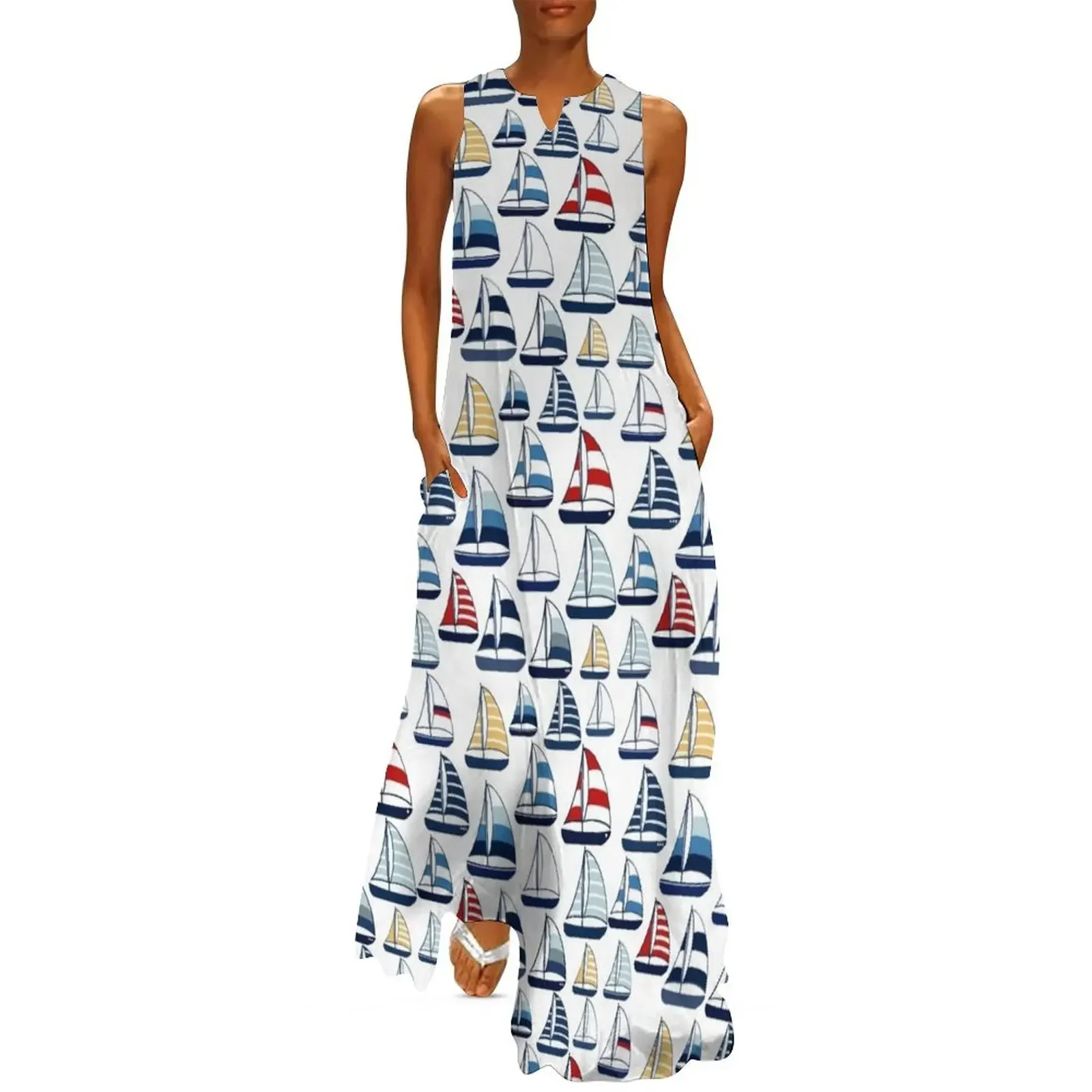 

Blue, Red, Yellow Sailboat Pattern Long Dress prom clothes womens dress women's dresses luxury Bridesmaid dress woman