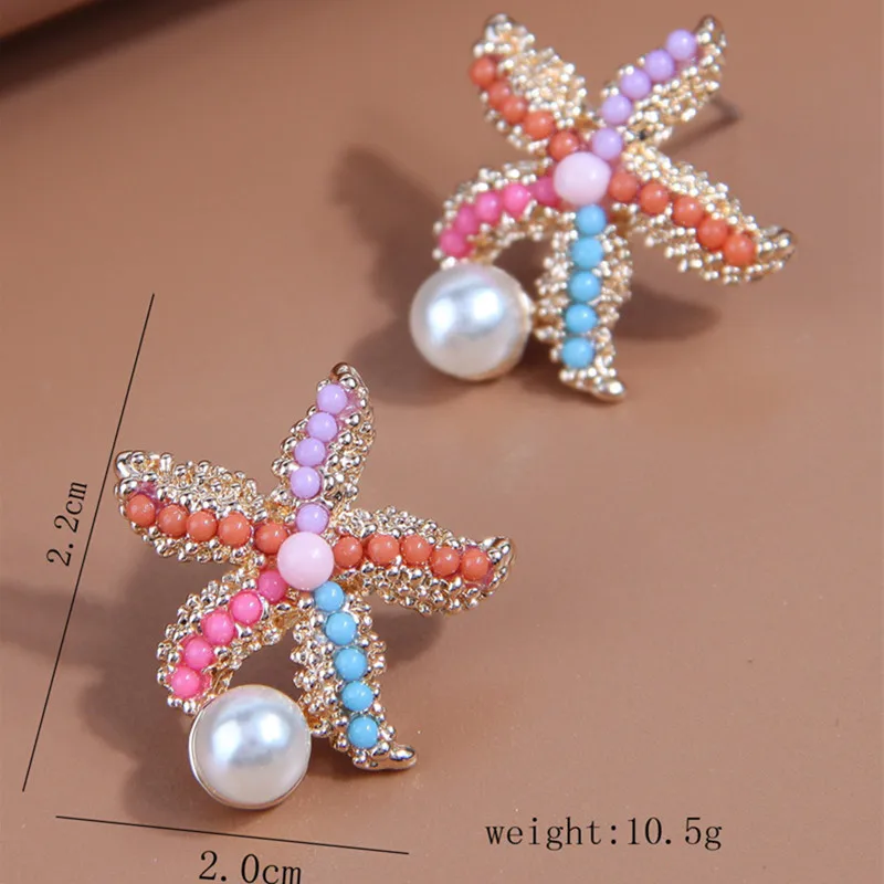 Kymyad Korean Fashion Colorful Beads Seastar Women's Earrings Gold Color Simulated Pearl Jewelry Stud Earrings For Women Ladies