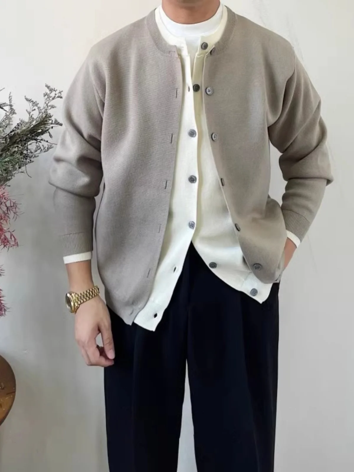 

Autumn Winter High Quali Men's Lazy Sle Sweater Jaet Fake Two-Piece Open Cardigan Faionable Versatile Korean Version