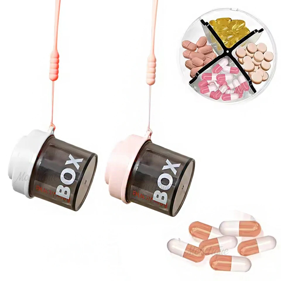 Portable Pill Box 4 Grids Mini Medicine Storage Cup Sealed Moisture-proof Dispensing Box Daily Vitamin Storage Container Travel