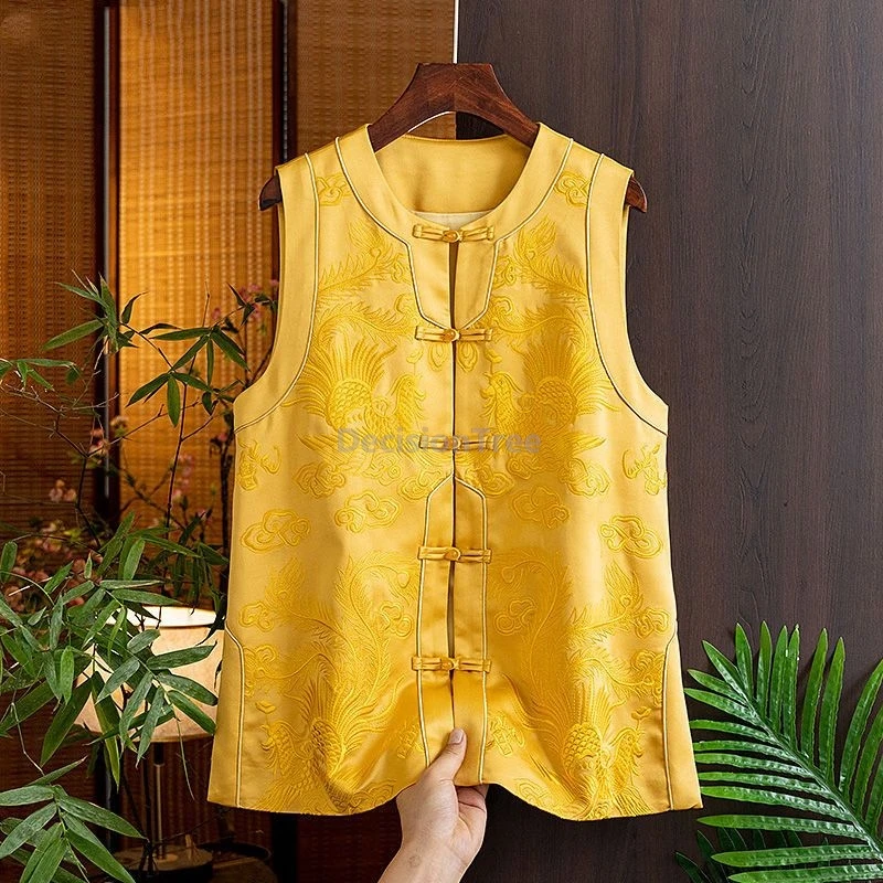 

Retro literature art chinese style vest improved Phoenix embr cotton vest dainty jacquard temperament qipao singlet