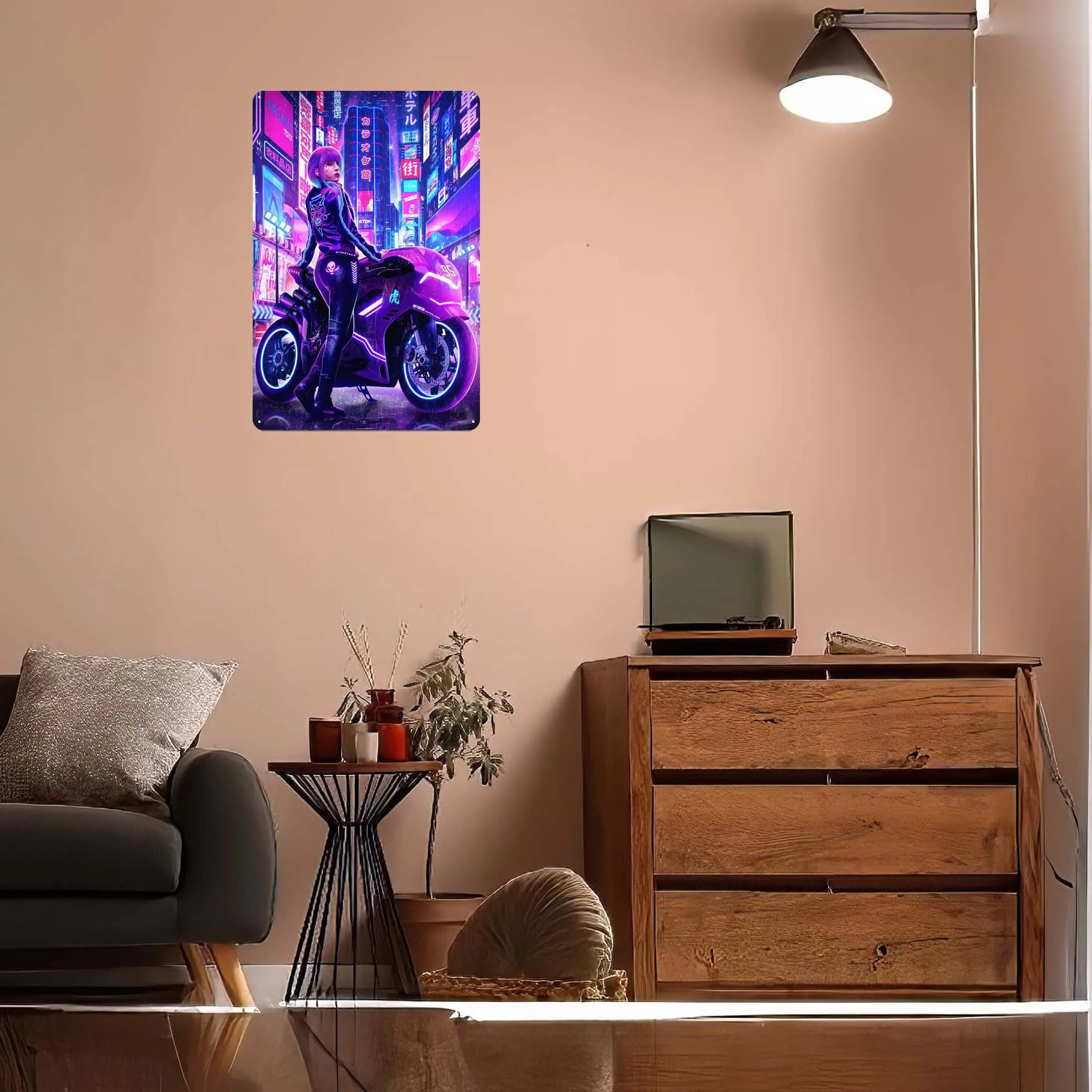 Cyberpunk Biker Anime Girl Tinplate Sign Poster Coffee Corner Decoration Metal Sign Plaque for Wall Art Decoration Art of Murals