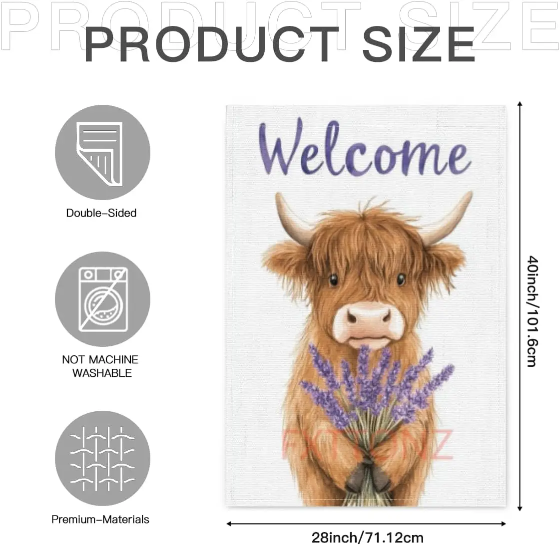 Lavender Highland Cow Garden Flag 28x40 Inches Double Sided Small Linen Spring Summer Seasonal Welcome Yard Porch Decoration PPM